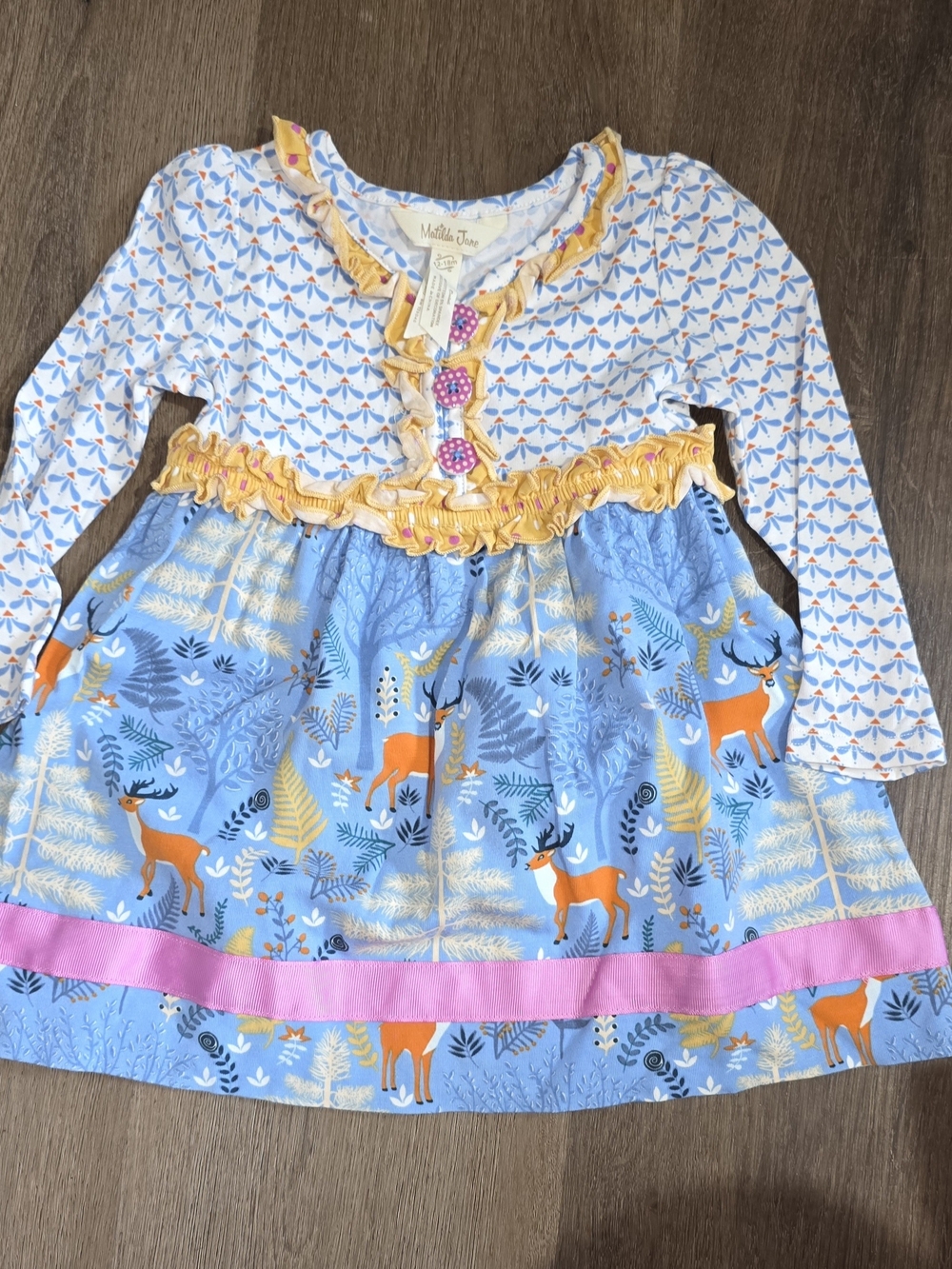 Matilda Jane Blue Deer Forest Ruffle Dress with Pink Hem